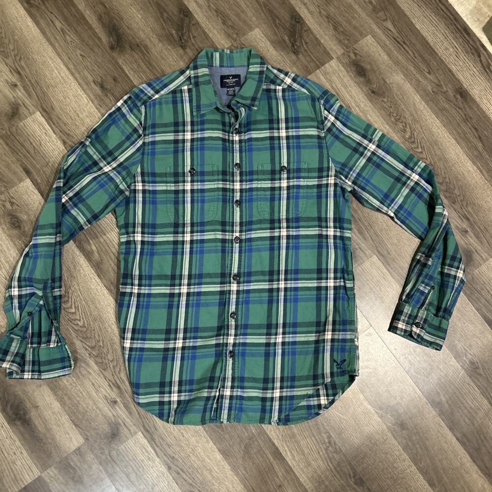 American Eagle Buffalo Plaid Flannel Button Shirt Teal Blue Size M Long Sleeve